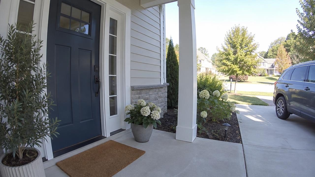 Doorbell camera view of a front porch